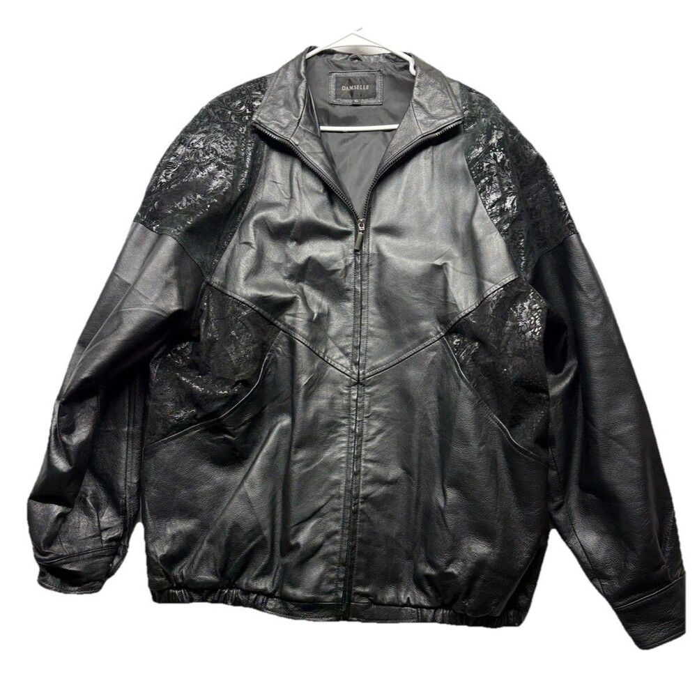 Vintage Damselle Women's Size XL Leather Black Bomber Jacket Floral Patchwork